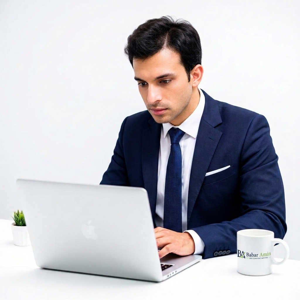 Babar Amin at a laptop with branded coffee mug